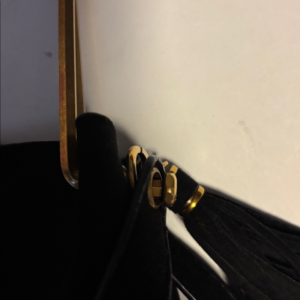 HOUSE OF HARLOW 1960 BLACK SUEDE BAG W/ SHOULDER STRAP GOLD/BRASS TONED HANDLE - Picture 12 of 16
